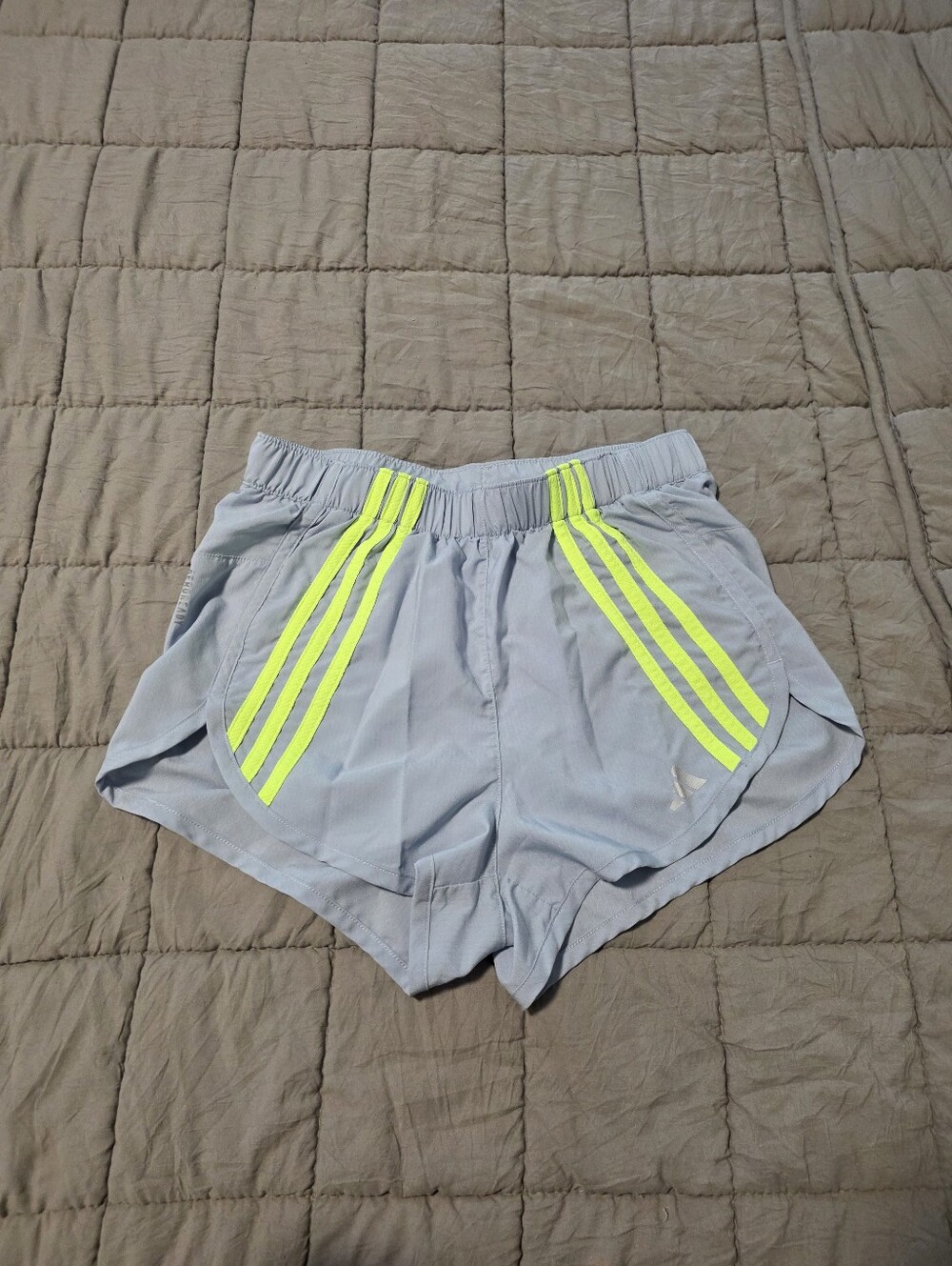 adidas Light Gray Athletic Shorts with Neon Yellow Stripes